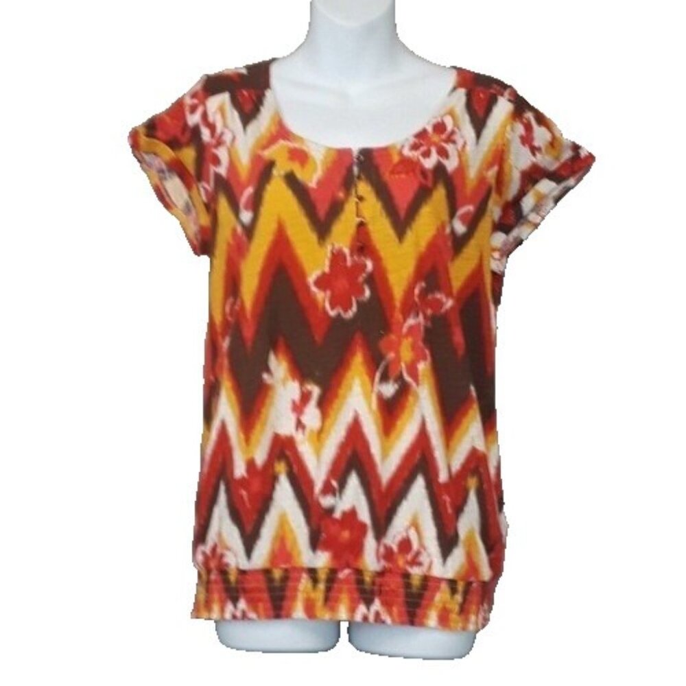 Lucky Brand Womens BOHO Top Medium Orange Abstract‎ Floral Short Sleeve Casual